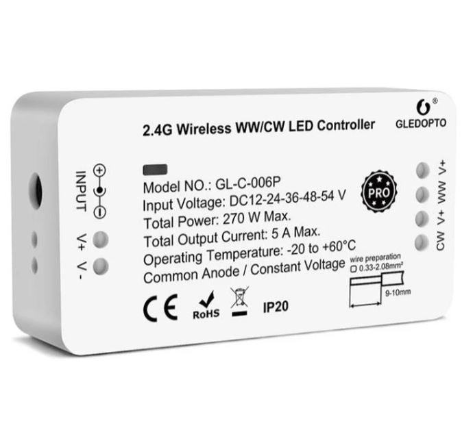 Gledopto Zigbee controller - Philips Hue kompatibel, Zigbee 3.0, enkeltfarvet og CCT, 12V (60W), 24V (120W)