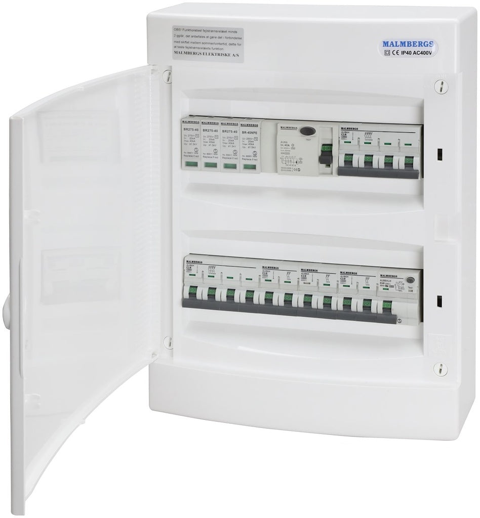 Færdigmonteret gruppetavle – 2x16A 3P+N + 3x10A 1P+N + 1xKombi 10A 1P+N + Transient