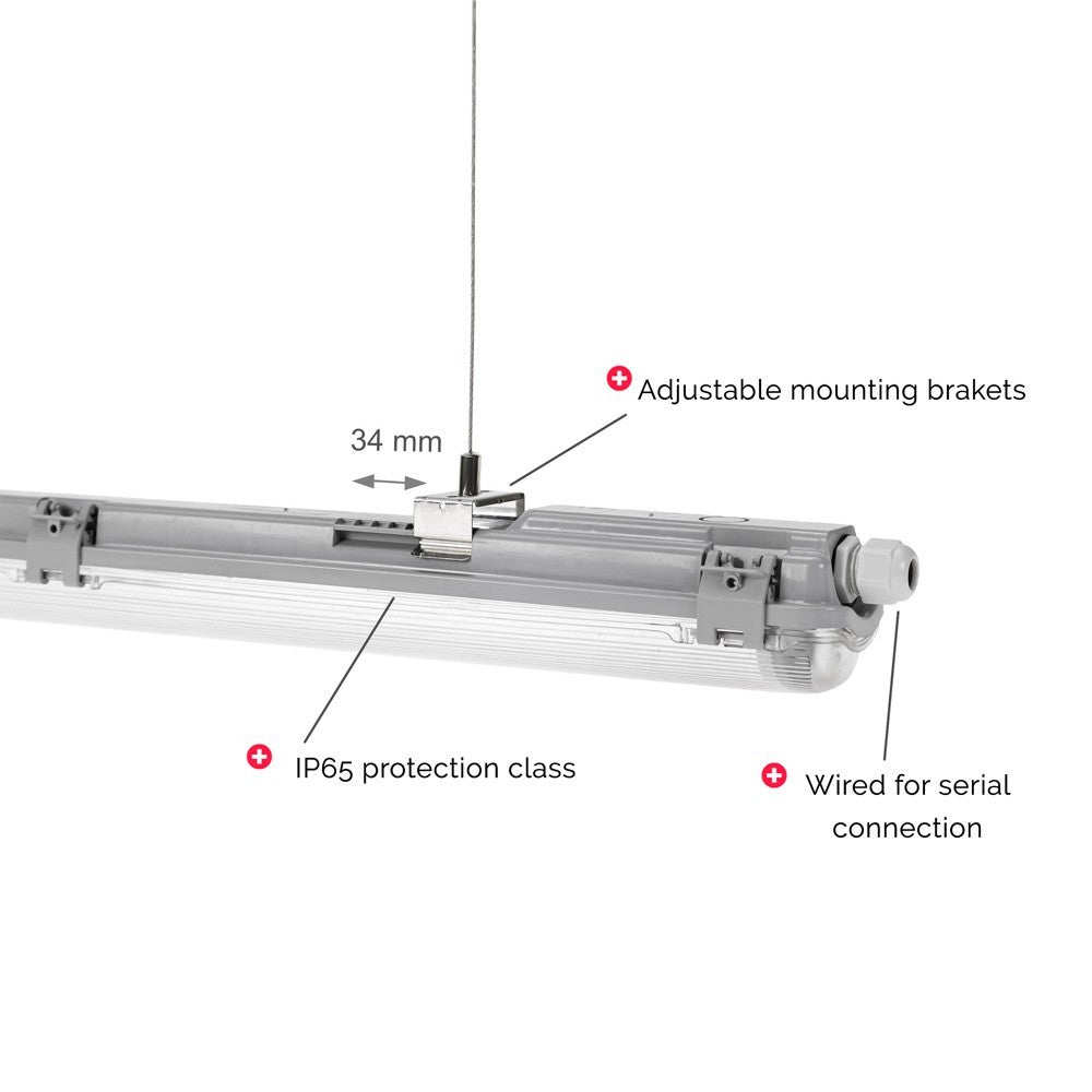 Dobbeltarmatur med Limea T8 LED-rør - 24W, 150cm, IP65 vandtæt, inkluderet. 48W, 161cm, traditionelt lysstofrør. Input: 230V. 5000lm. RA80. IP65.