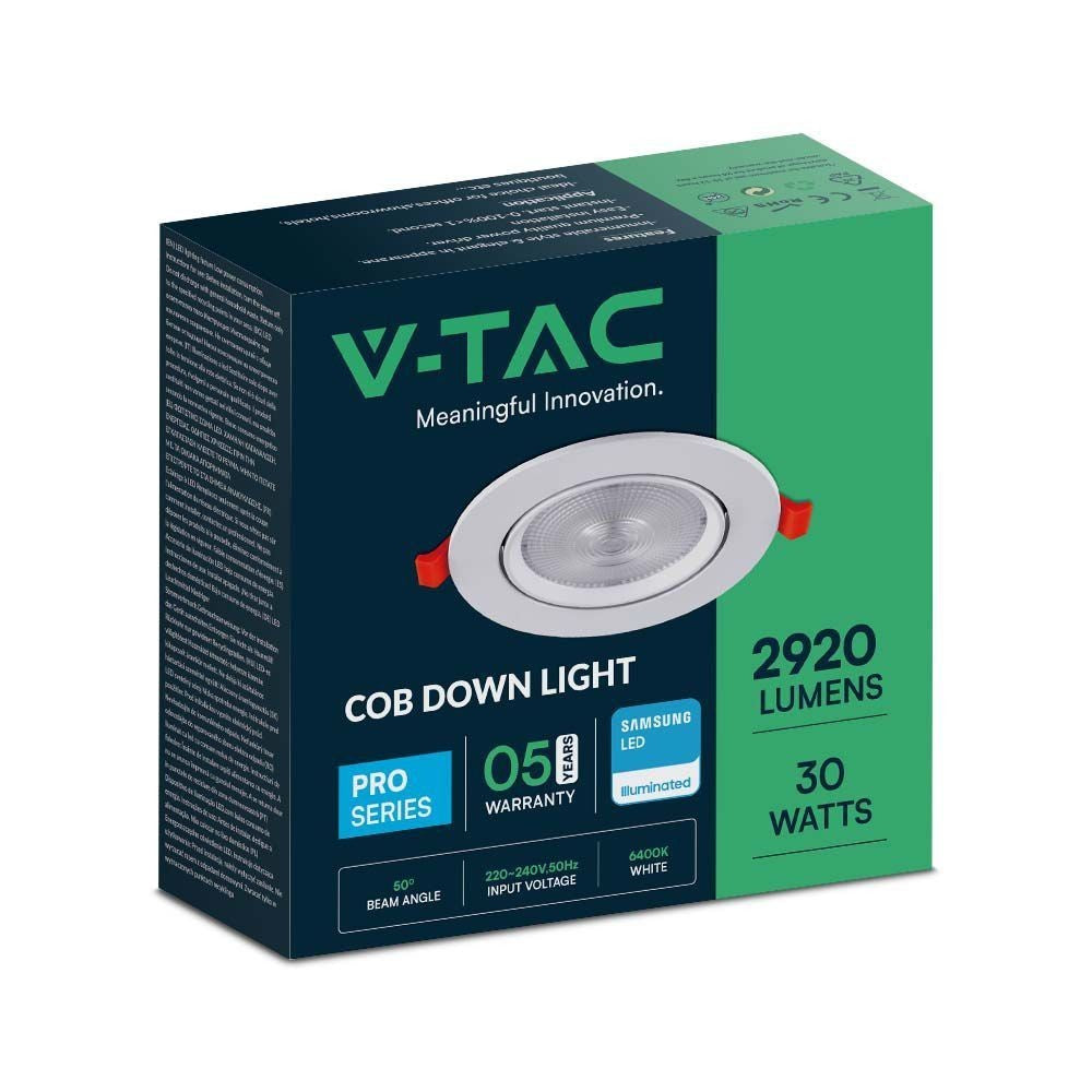 V-Tac 30W LED spotlight til indbygning med Samsung LED chip - Hul: Ø19,5 cm, Mål: Ø22,5 cm, 3,8 cm høj