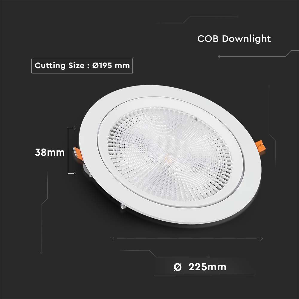 V-Tac 30W LED spotlight til indbygning med Samsung LED chip - Hul: Ø19,5 cm, Mål: Ø22,5 cm, 3,8 cm høj