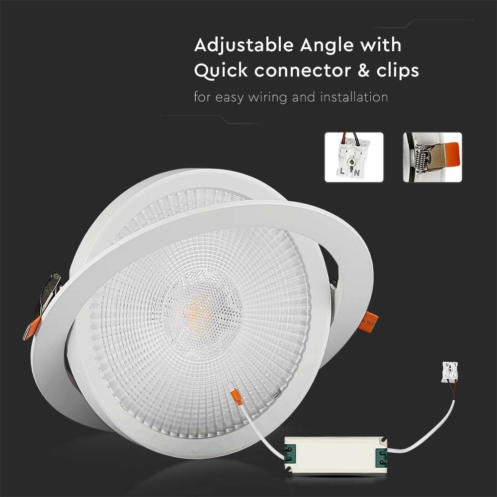 V-Tac 30W LED spotlight til indbygning med Samsung LED chip - Hul: Ø19,5 cm, Mål: Ø22,5 cm, 3,8 cm høj