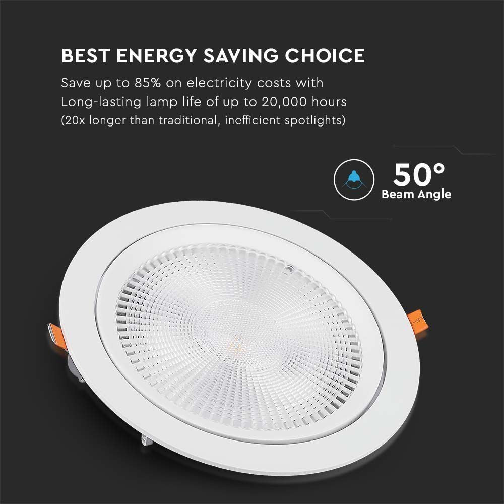 V-Tac 30W LED spotlight til indbygning med Samsung LED chip - Hul: Ø19,5 cm, Mål: Ø22,5 cm, 3,8 cm høj