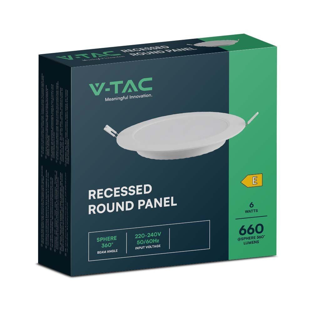 V-Tac 6W LED Indbygningspanel - Ø11 cm Hul, Ø12,5 cm Mål, 230V, 660lm, RA80