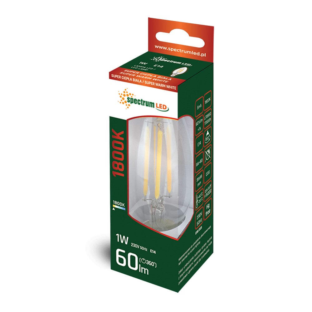 Spectrum 1W LED kertepære - C35, kultråd, ekstra varm hvid, 1800K, E14