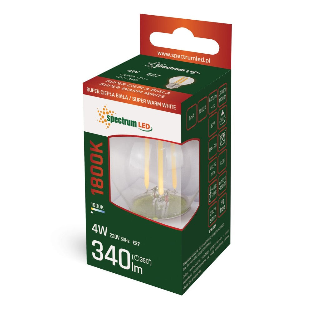 Spectrum 4W LED kronepære - G45, kultråd, varm hvid, 1800K, E27