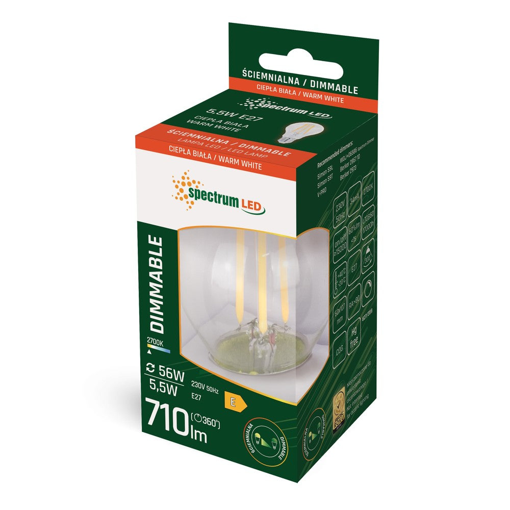 Spectrum 5.5W Dæmpbar LED Pære med E27 fatning, 230V, 710lm, RA80, Flicker free