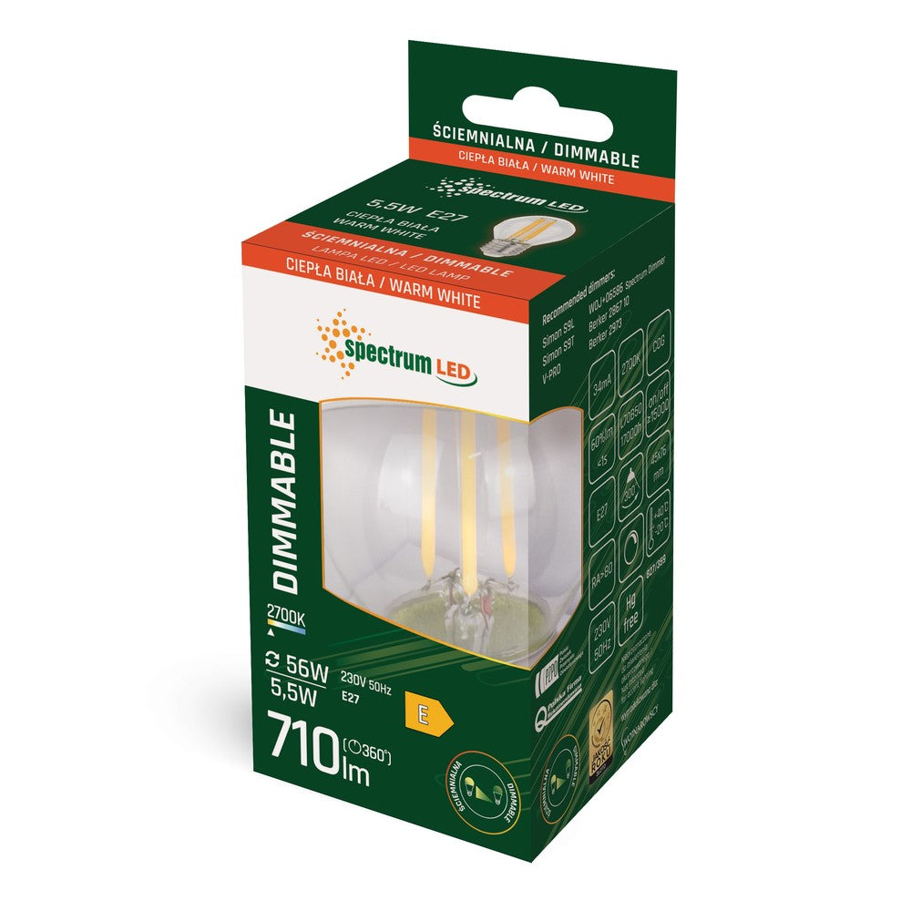 Spectrum 5.5 W LED Kronepære - G45, kultråd, dæmpbar, E27, 710lm, RA80