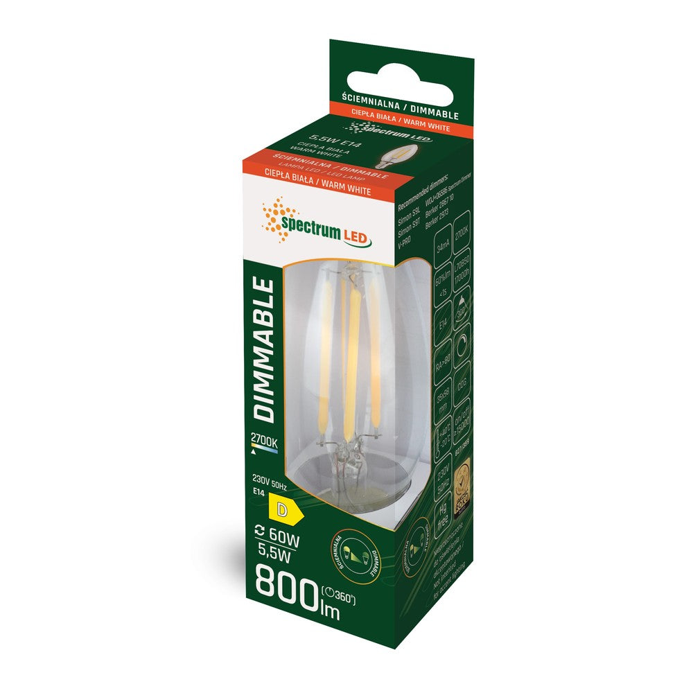 Spectrum 5.5W LED kertepære - C35, kultråd, dæmpbar, E14 (230V, 800lm, RA80, flicker free)