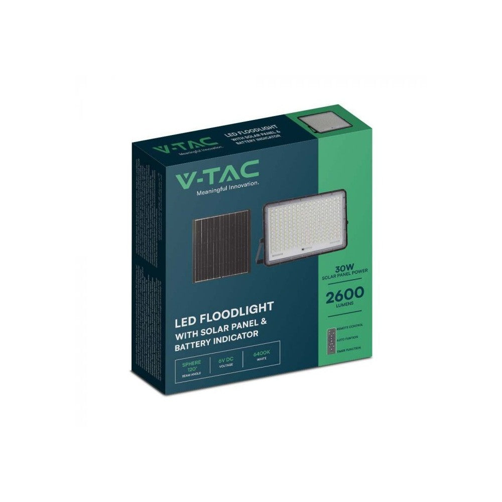 V-Tac 240W Solcelleprojektør LED - Sort inkl. solcelle, fjernbetjening, batteri - IP65 | 2600lm, RA80