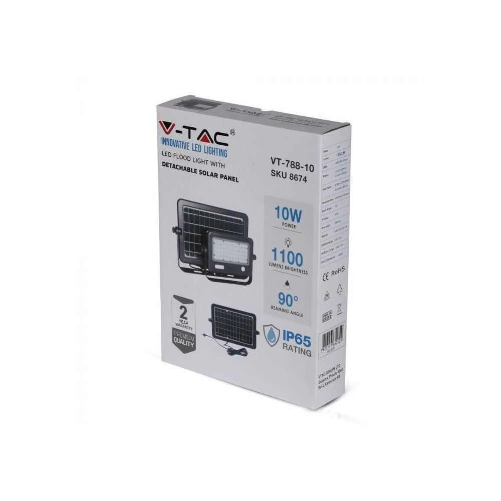 V-Tac 10W LED Solcelle Projektør - Sort inkl. sensor og IP65: Effekt 10W, 1100lm, RA80, velegnet til udendørs brug