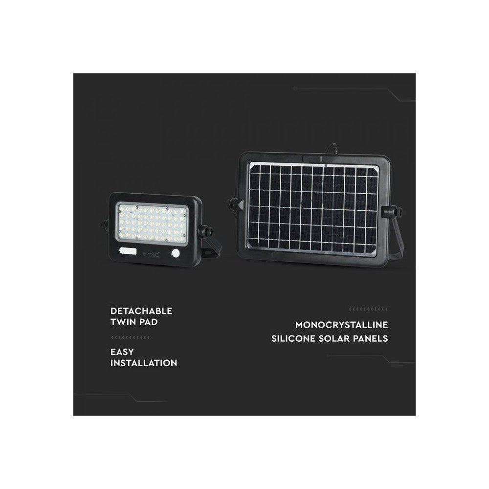 V-Tac 10W LED Solcelle Projektør - Sort inkl. sensor og IP65: Effekt 10W, 1100lm, RA80, velegnet til udendørs brug