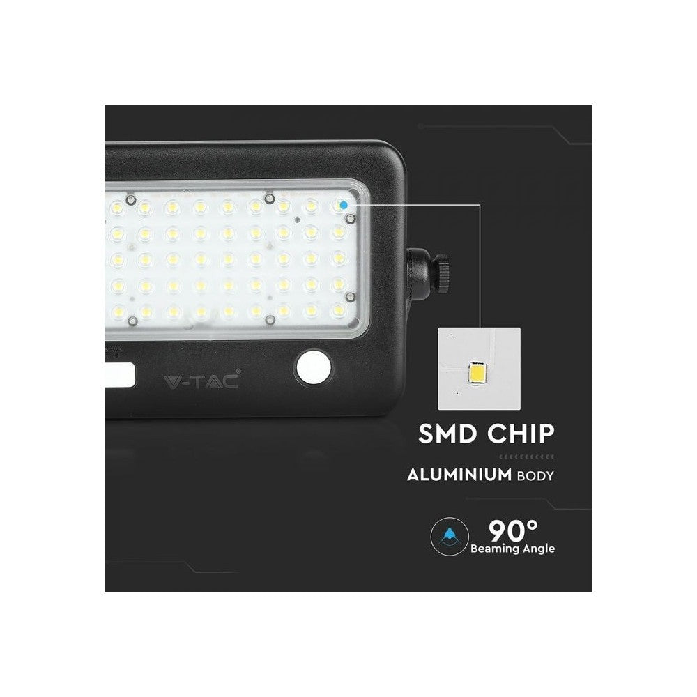 V-Tac 10W LED Solcelle Projektør - Sort inkl. sensor og IP65: Effekt 10W, 1100lm, RA80, velegnet til udendørs brug