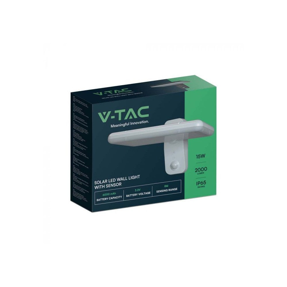V-Tac 15W Solcelle væglampe LED - Hvid, sensor, Vandtæt, 2000lm, 3 års garanti