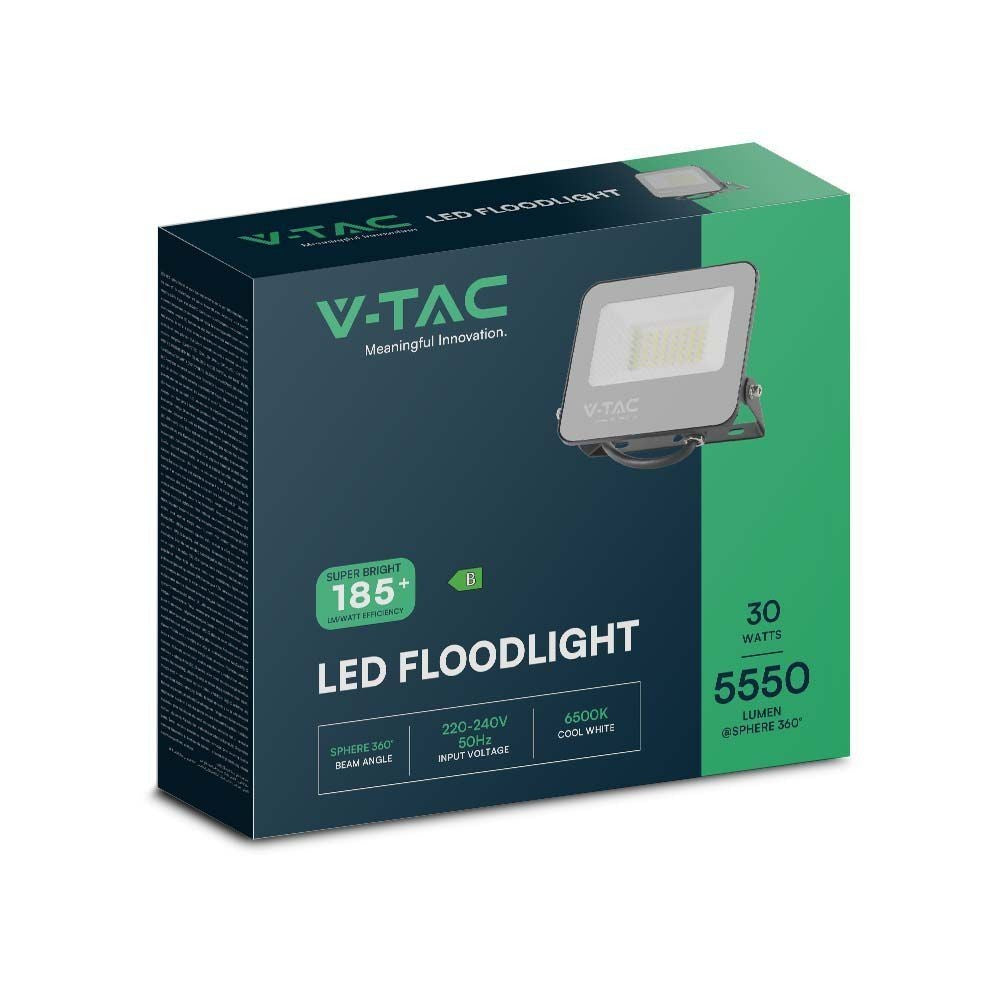 V-Tac 30W LED projektør - 185LM/W, arbejdslampe, udendørs, høj effektivitet og vandtæt (IP65)