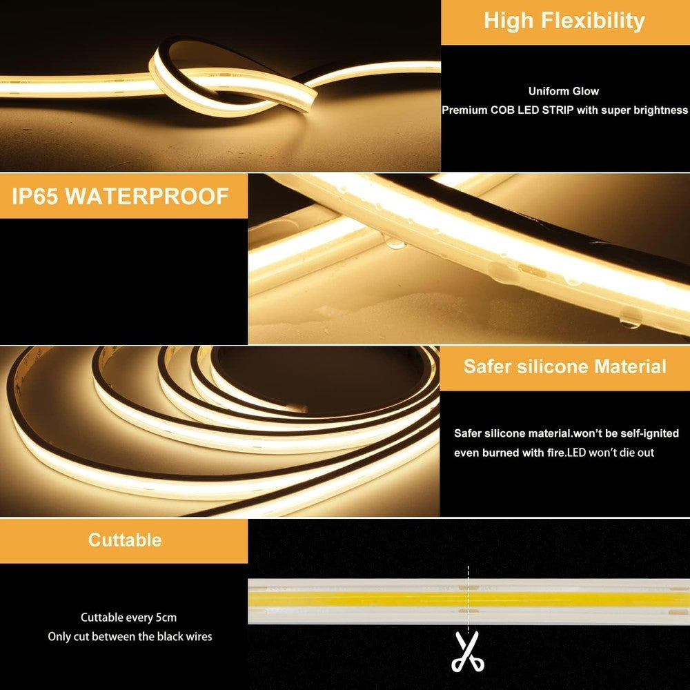 5 meter lang COB-LED-strips med 280 LED pr. meter, 10W/m, IP20, 24V, RA90, 700lm/m, IP65