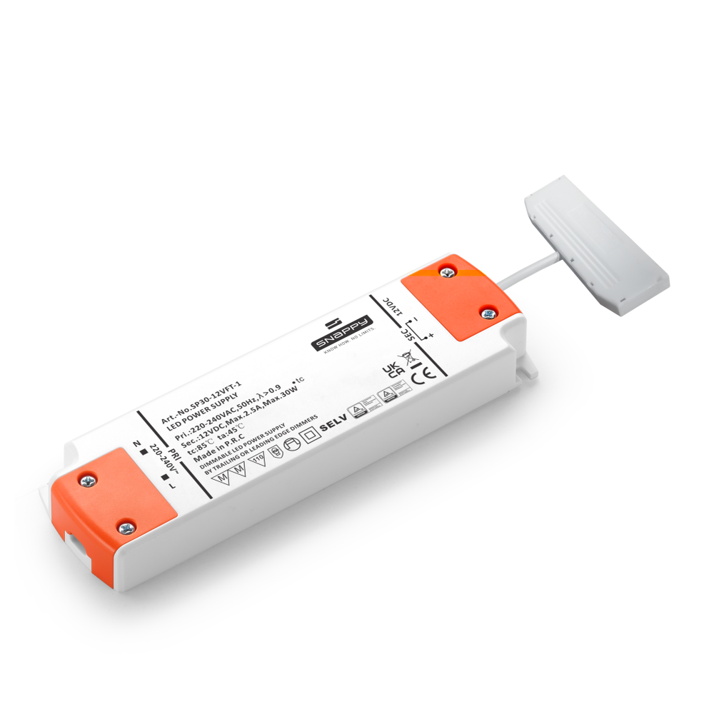 30W Dæmpbar Strømforsyning til Møbelspots - Snappy, Sono og Reco, Maks. 10 Spot, 230V Input, 12V Output, Flicker Free