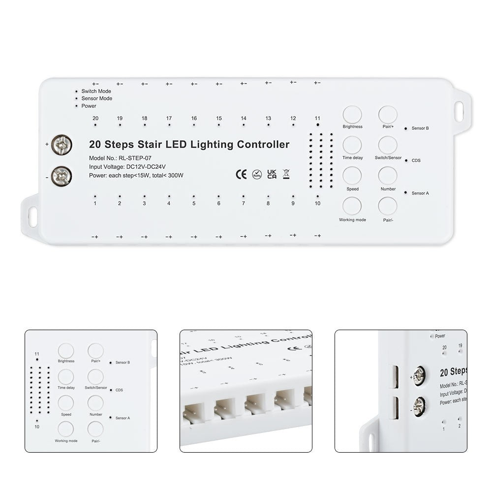 Trappe LED COB stripsæt med sensor og tænd/sluk kontakt (Op til 20 trin, 11W/trin, 24V, IP20, 220W)