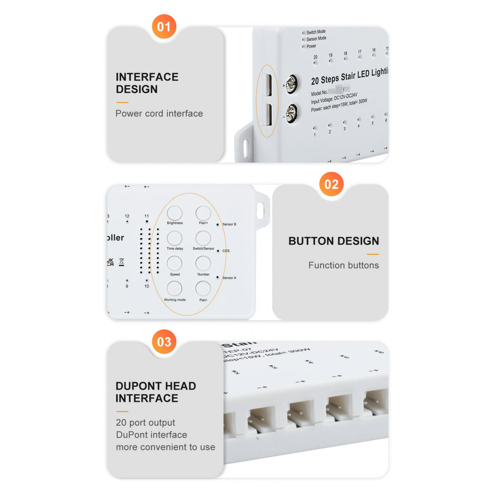 Trappe LED COB stripsæt med sensor og tænd/sluk kontakt (Op til 20 trin, 11W/trin, 24V, IP20, 220W)