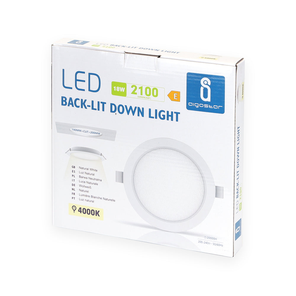 LED E6 Baggrundsbelyst Indbygningsspot, 18W, 4000K, Ø190-200mm Udskæring, Rund, Plan Montering