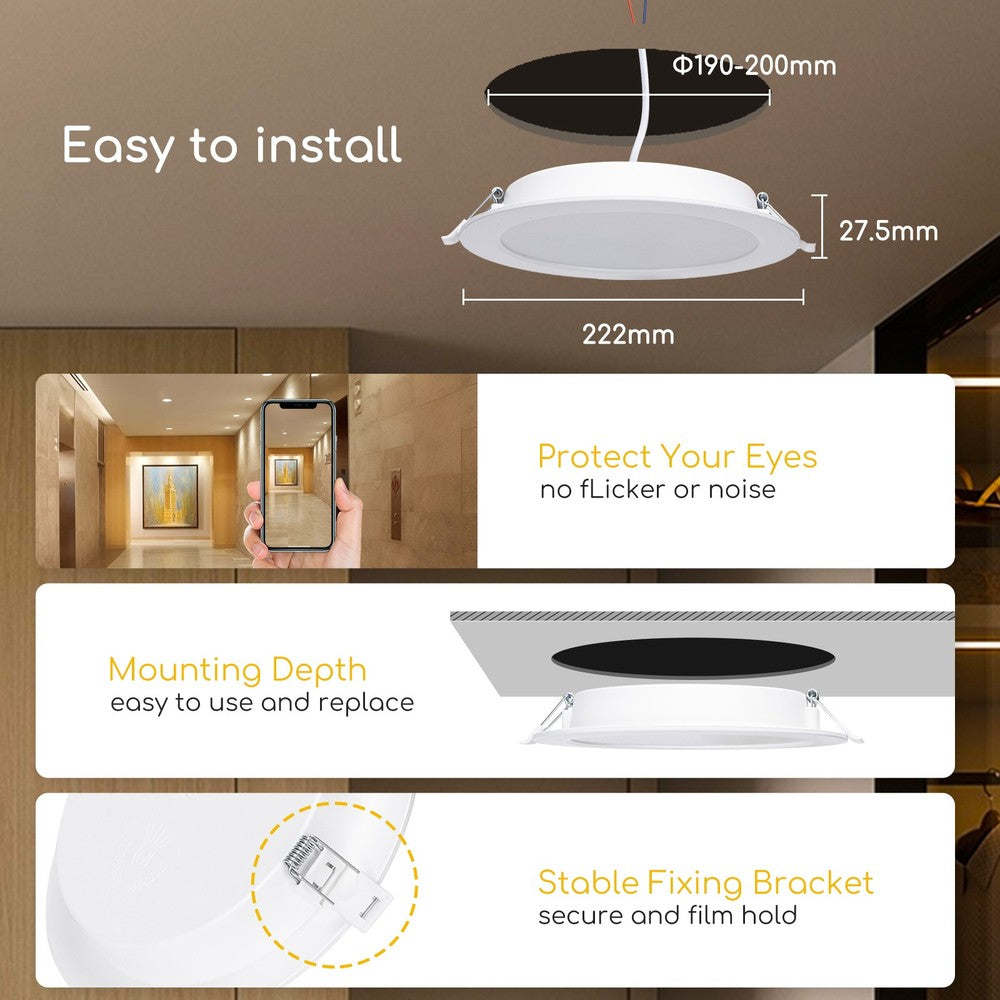 LED E6 Baggrundsbelyst Indbygningsspot, 18W, 4000K, Ø190-200mm Udskæring, Rund, Plan Montering