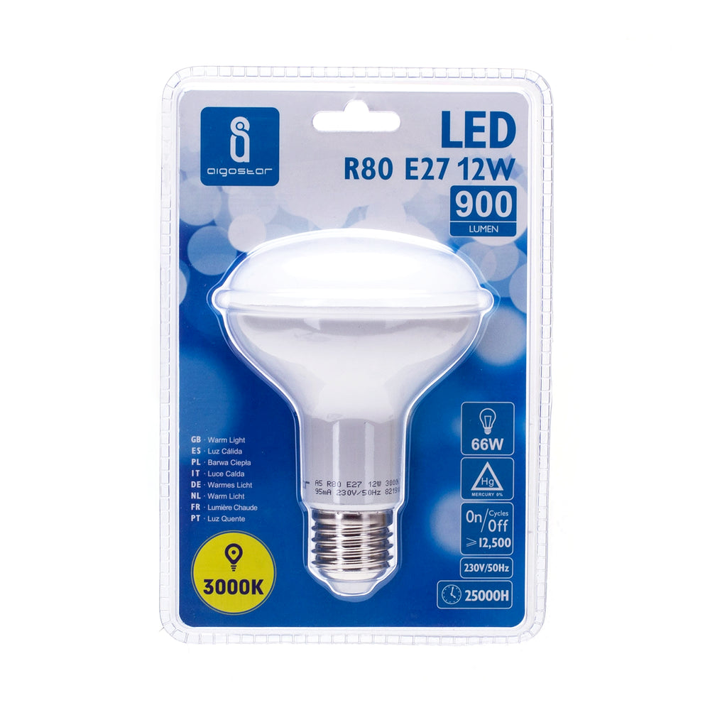 LED-pære A5 R80 E27 12W 3000K, erstatter 81W, 1170lm, RA80, 230V, 3 års garanti