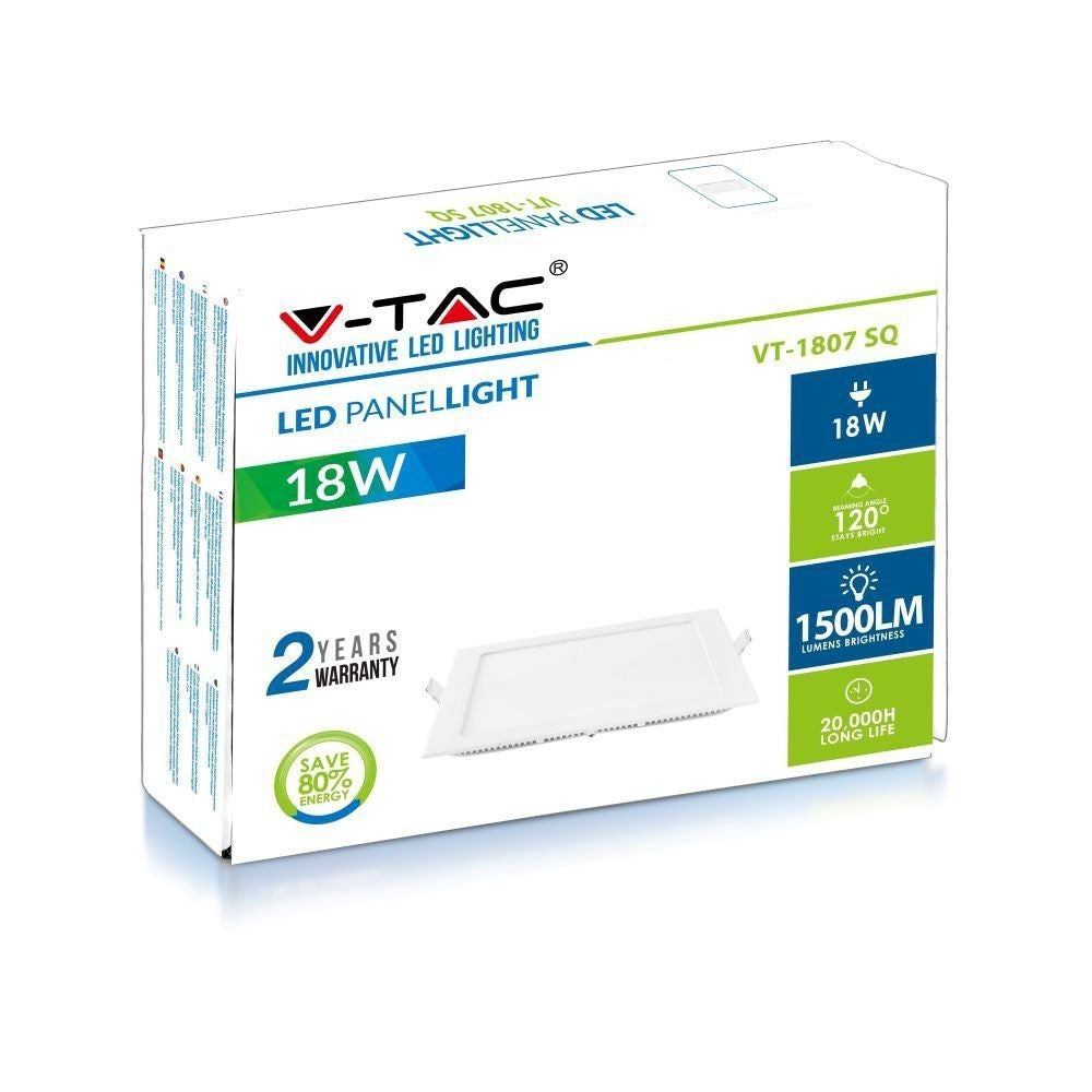 V-Tac 18W LED indbygningspanel - Hul: 20,5 x 20,5 cm, Mål:22,5 x 22,5 cm, 230V, 1500lm, RA80, Flicker free