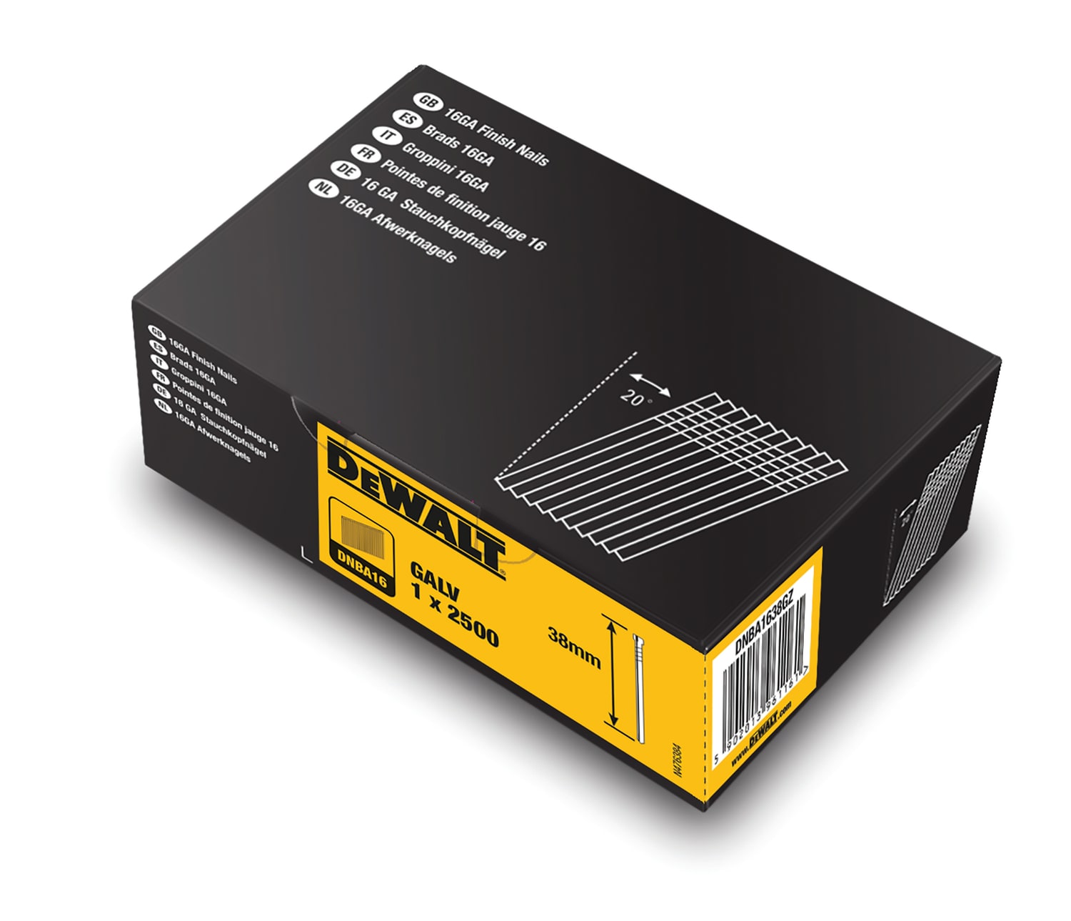DEWALT 16Ga dykker, galvaniseret, vinklet 20°, 38 mm, 2500 stk.