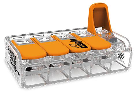 Samlemuffe 5x0,5-6 mm² transparent med orange pal, serie 221