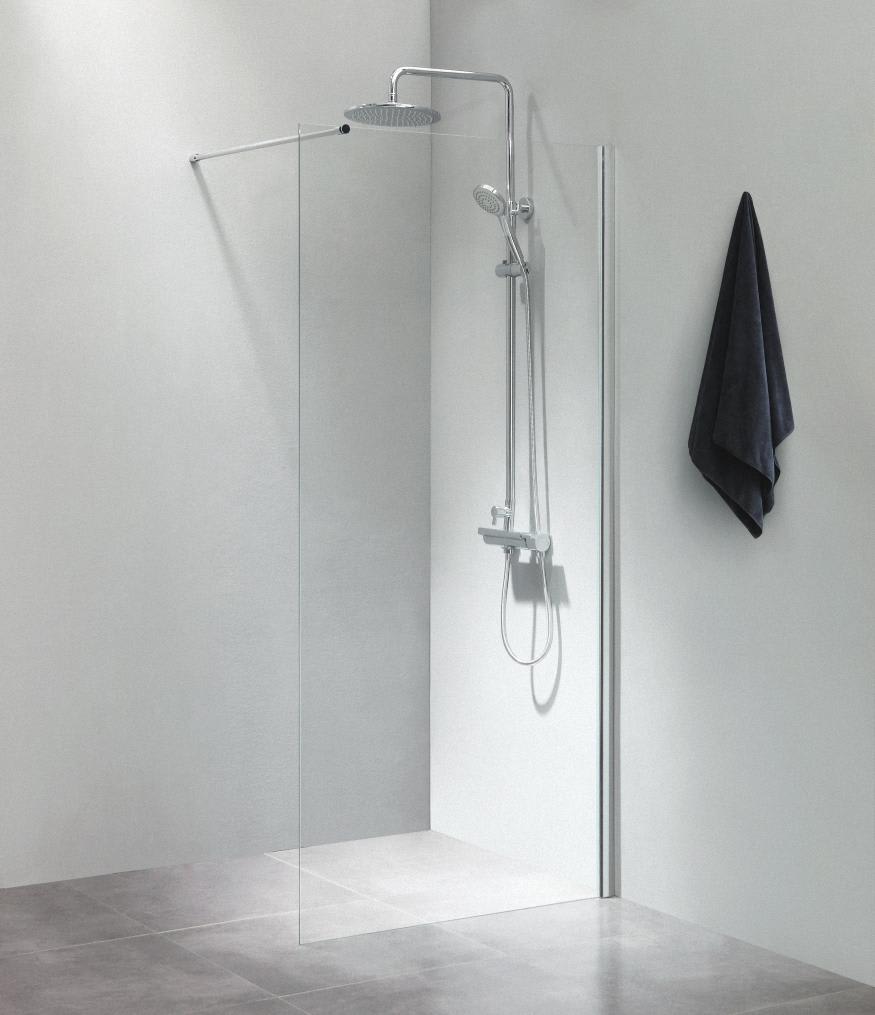 Fritstående væg 70x200cm klart glas, med 100cm forhængsstang