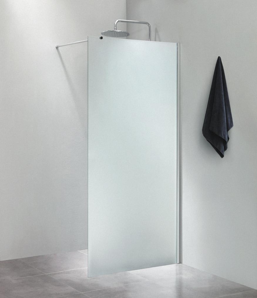 Fritstående væg i 6mm sikkerhedsglas, mål 90x200cm isglas, med 100cm forhængsstang