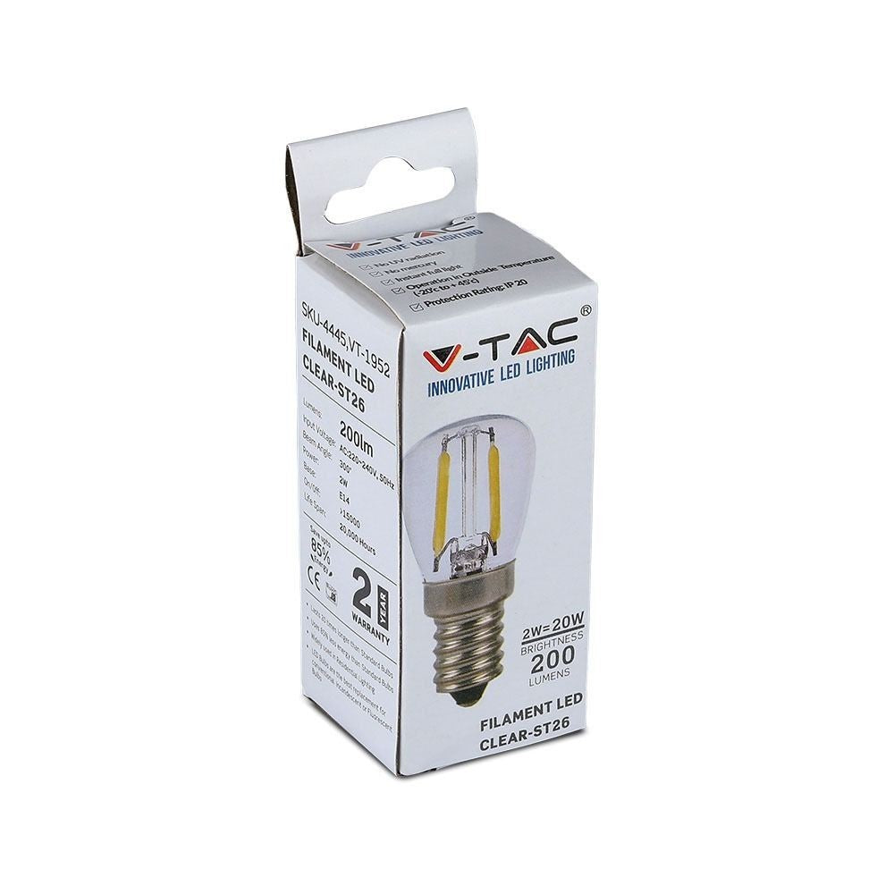 V-Tac 2W LED køleskabspære - Kultråd, ST26, E14 - Erstatning for 20W - 230V - 200lm - RA80