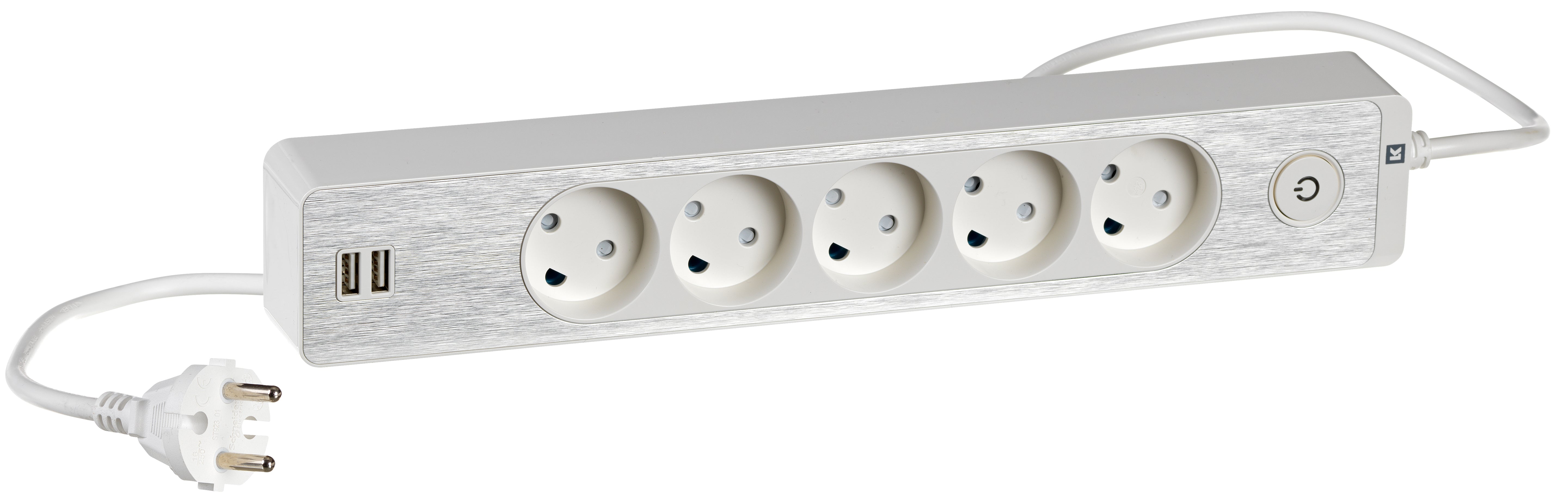 LK stikdåse 5R uden jord 1,5m afbryder glimampe 2usb hvid+aluminium