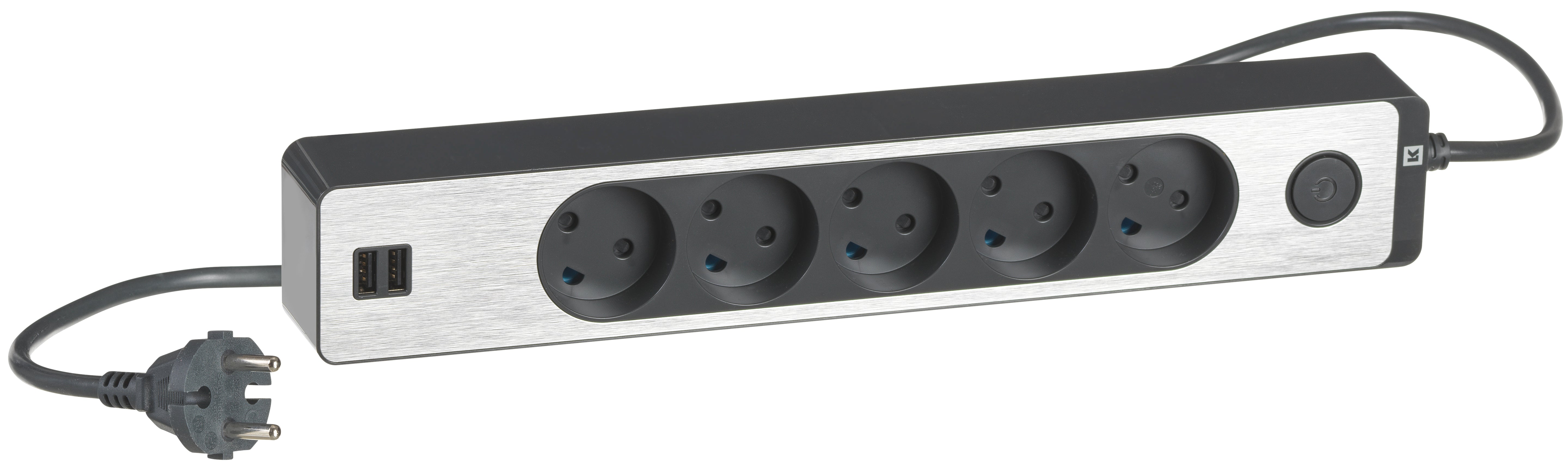 LK stikdåse 5R uden jord 1,5m afbryder glimampe 2usb kg+aluminium