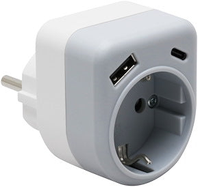 STIKPROP, 1-VEJS MED USB-A/C, JORDET, HVID