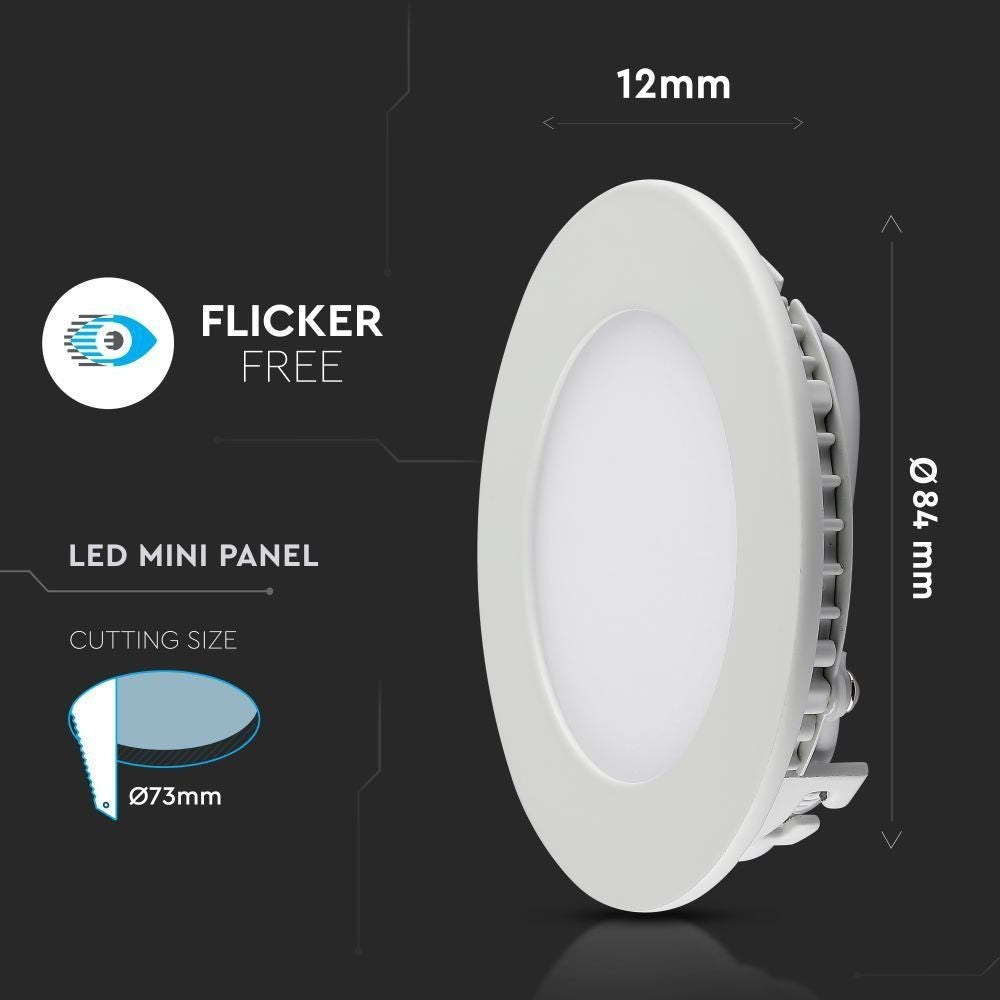 V-Tac 3W LED indbygningspanel - Ø7,3 cm hul, Ø8,4 cm mål, 230V, 25W erstatning, 130lm, RA80