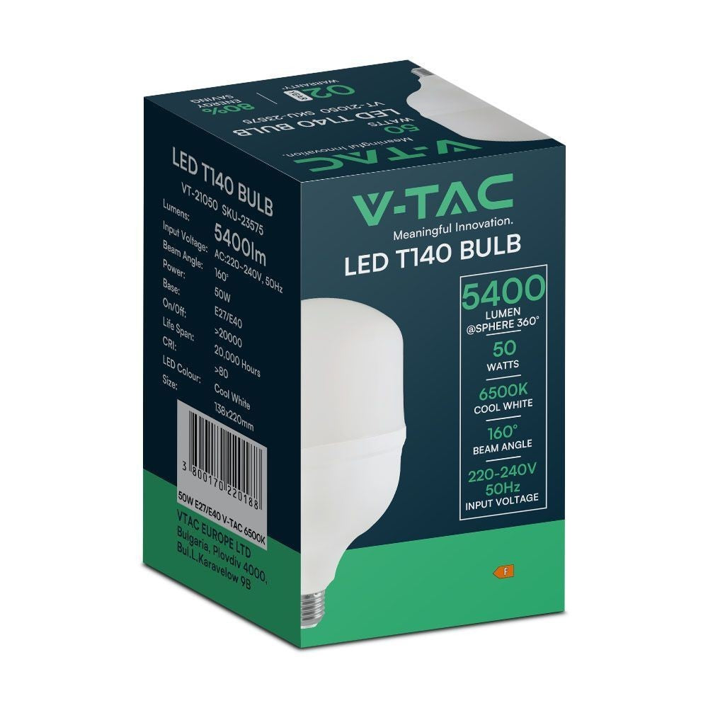 V-Tac 50W LED pære med E27 stor fatning og E40 ringadapter - 5400lm, RA80, 230V
