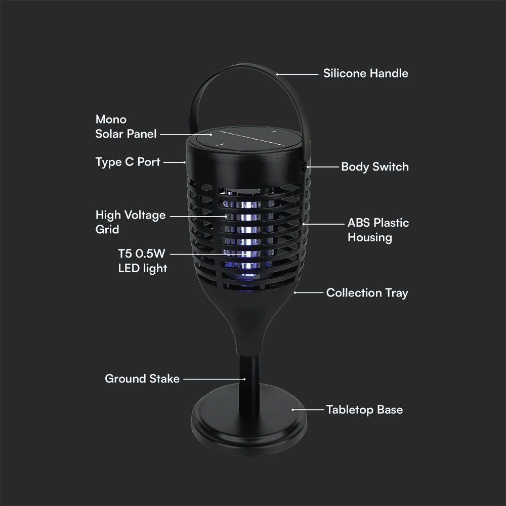 VTac solcelle insektlampe - Sort, 3-i-1 med IP24 beskyttelse og 1,3W effekt