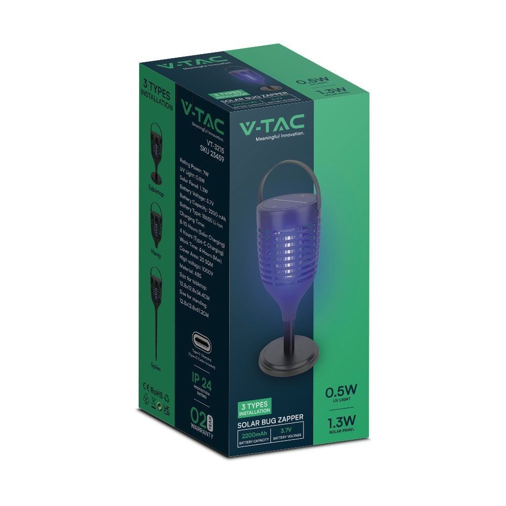 VTac solcelle insektlampe - Sort, 3-i-1 med IP24 beskyttelse og 1,3W effekt