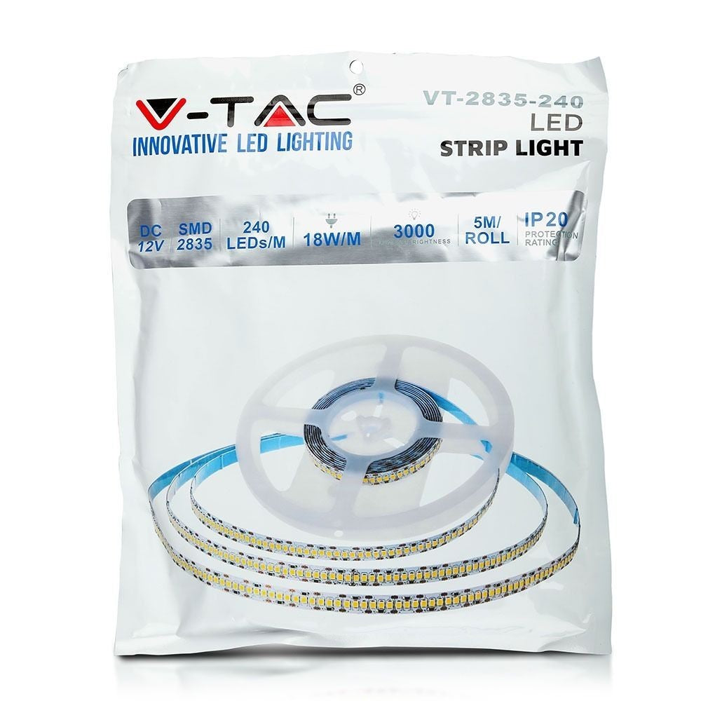 V-Tac 18W/m LED strip - høj lumens - 5m, IP20, 240LED, 12V, 3000lm, RA80