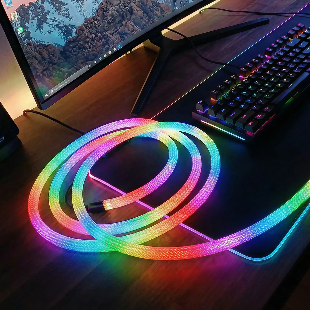 5m RGBIC Neon Flex strip med vævet reb, 3W/m, 5V, IP67 (5 meter)