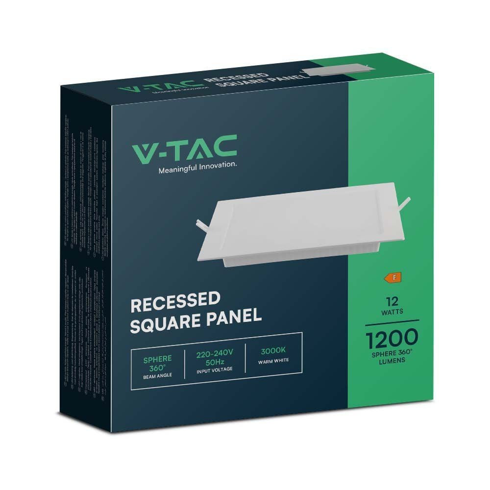 V-Tac 12W LED indbygningspanel - Hul: 15,5cm x 15,5 cm, Mål: 17cm x 17cm, 230V, 1200lm, RA80