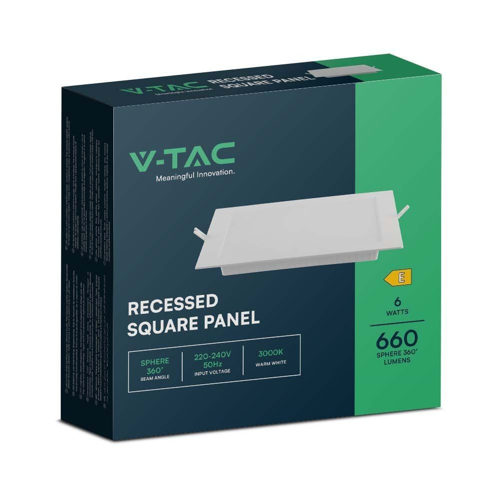 V-Tac 6W LED Indbygningspanel 12x12 cm 230V 660lm RA80 - Hul 11x11 cm