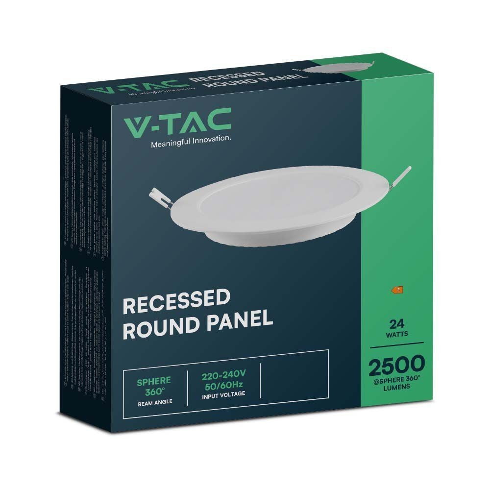 V-Tac 24W LED indbygningspanel - Ø28 cm hul, Ø29,6 cm mål, 230V input, 2640lm, RA80