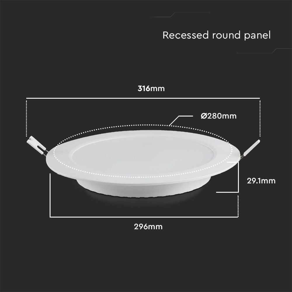 V-Tac 24W LED indbygningspanel - Ø28 cm hul, Ø29,6 cm mål, 230V input, 2640lm, RA80