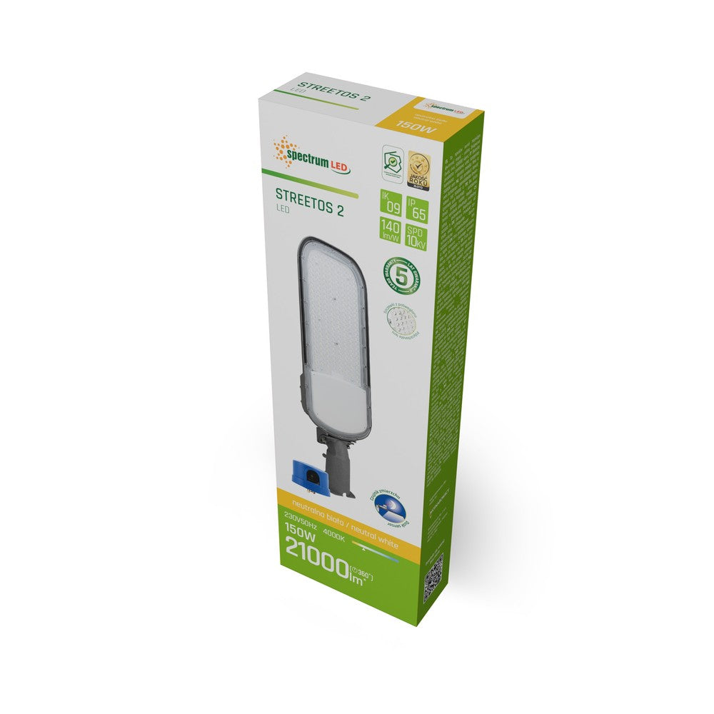 Gadelampe STREETOS 2 150W - Neutral Hvid, 230V, 145/75°, IP65, IK09, 675x218x75mm, Grå, Skumringssensor