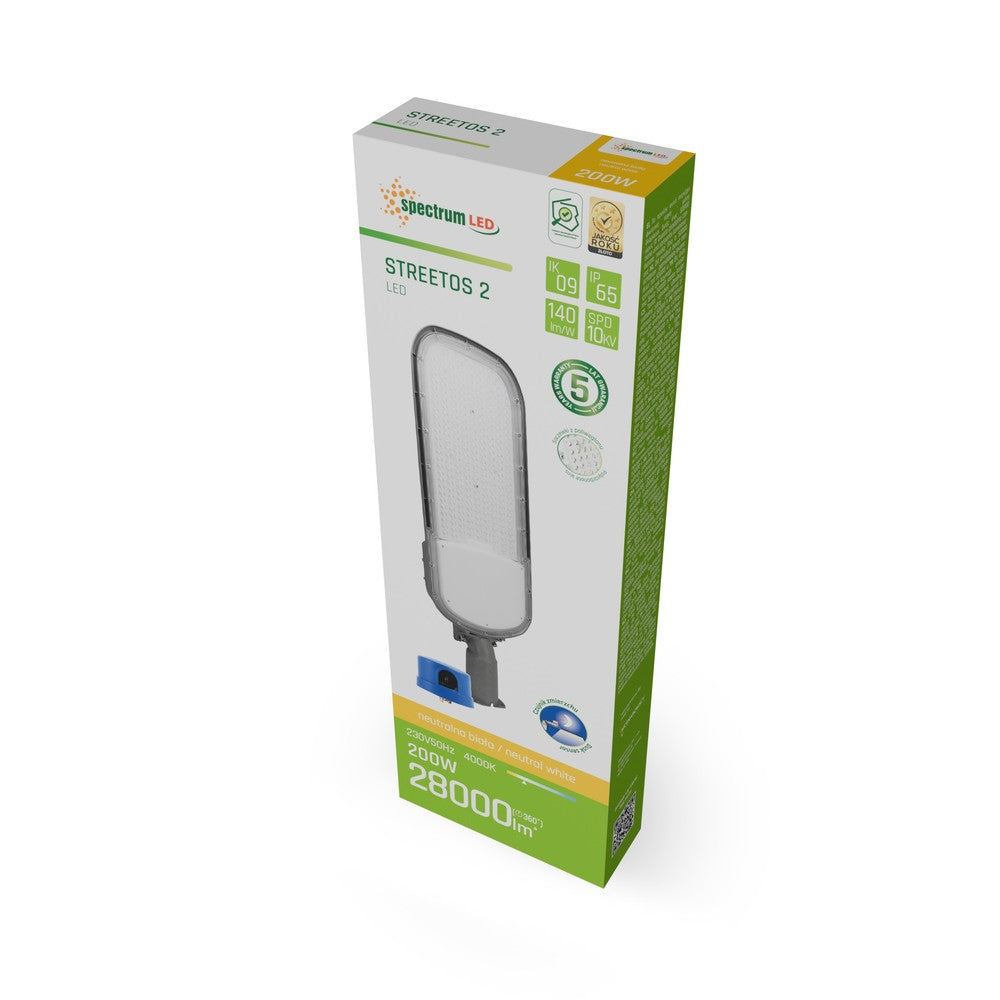 Gadebelysning Streetos 2 200W - Neutral hvid, 230V, 145/75°, IP65, IK09, grå, skumringssensor