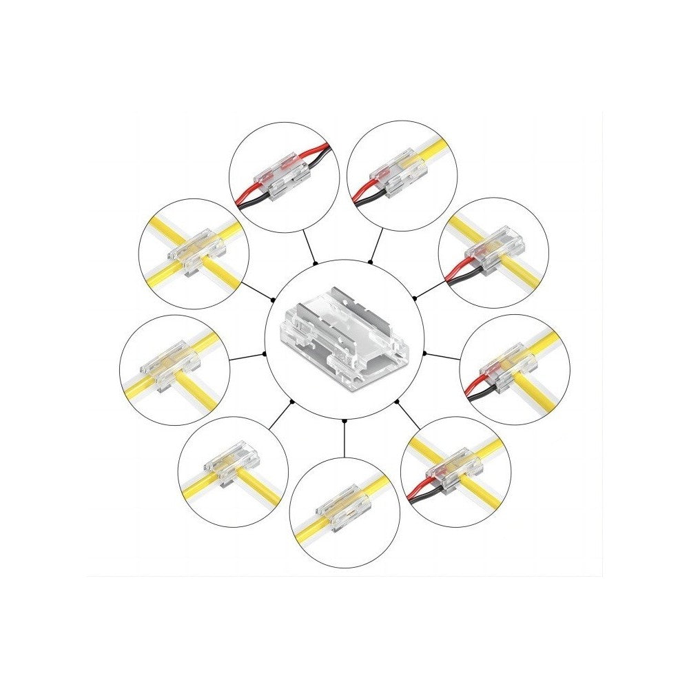 LED strip samler med 8 i 1 COB dioder - 10mm bredde, enkeltfarvet design, IP20 klassificeret, kompatibel med 5V-24V
