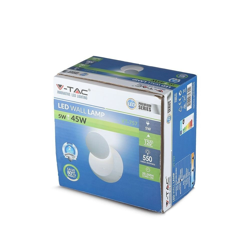V-Tac 5W LED hvid væglampe - Rund, roterbar, IP20 indendørs, 230V, inkl. lyskilde