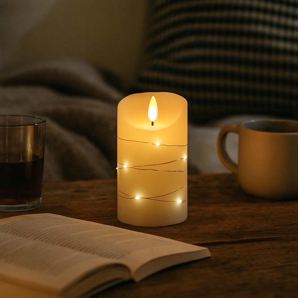 LED Bloklys med lyskæde, 12,5cm høj, flammeeffekt - Ø7,5cm, inkl. fjernbetjening, ægte stearin
